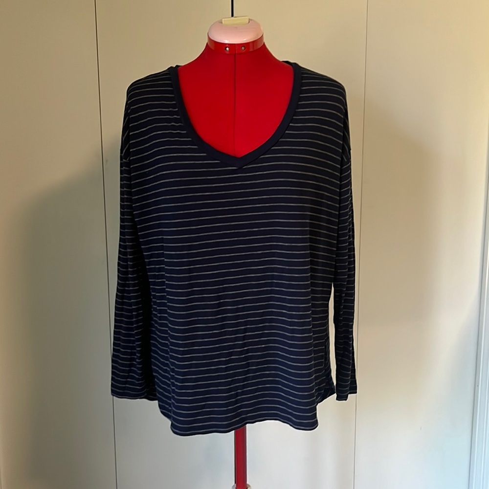 Long sleeve blue and grey striped shirt